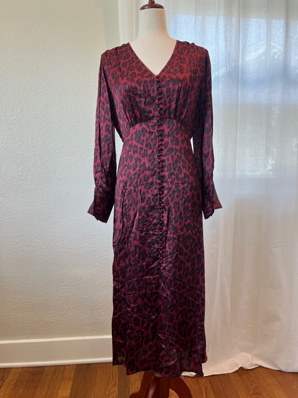 The Kooples Burgundy/Black Leopard Print Long Sleeve Silk Blend Maxi Dress. NWT